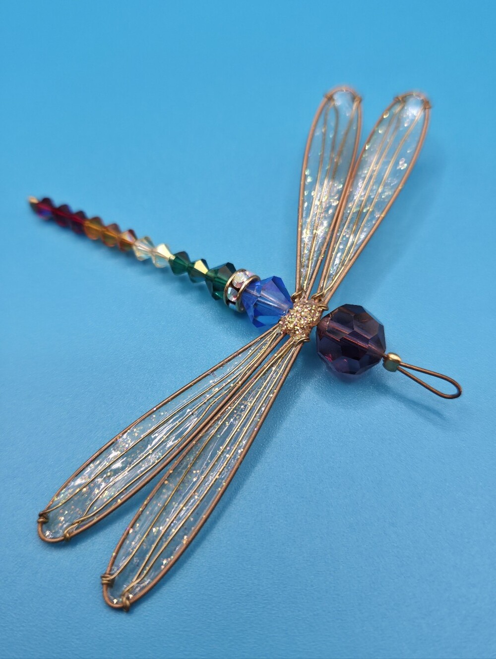 7 Chakra Swarovski Crystal Dragonfly Pendant Rainbow Suncatcher Gold Tone 3.5" - Picture 3 of 16